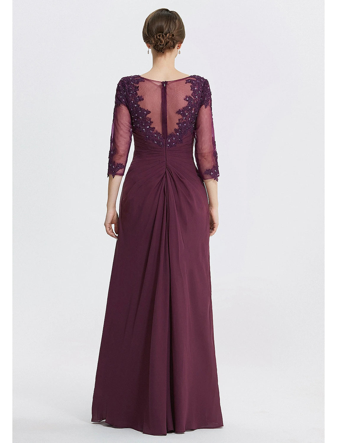 Wholesale A-Line Mother of the Bride Dress Formal Wedding Guest Elegant Jewel Neck Floor Length Chiffon Lace 3/4 Length Sleeve with Lace Solid Color